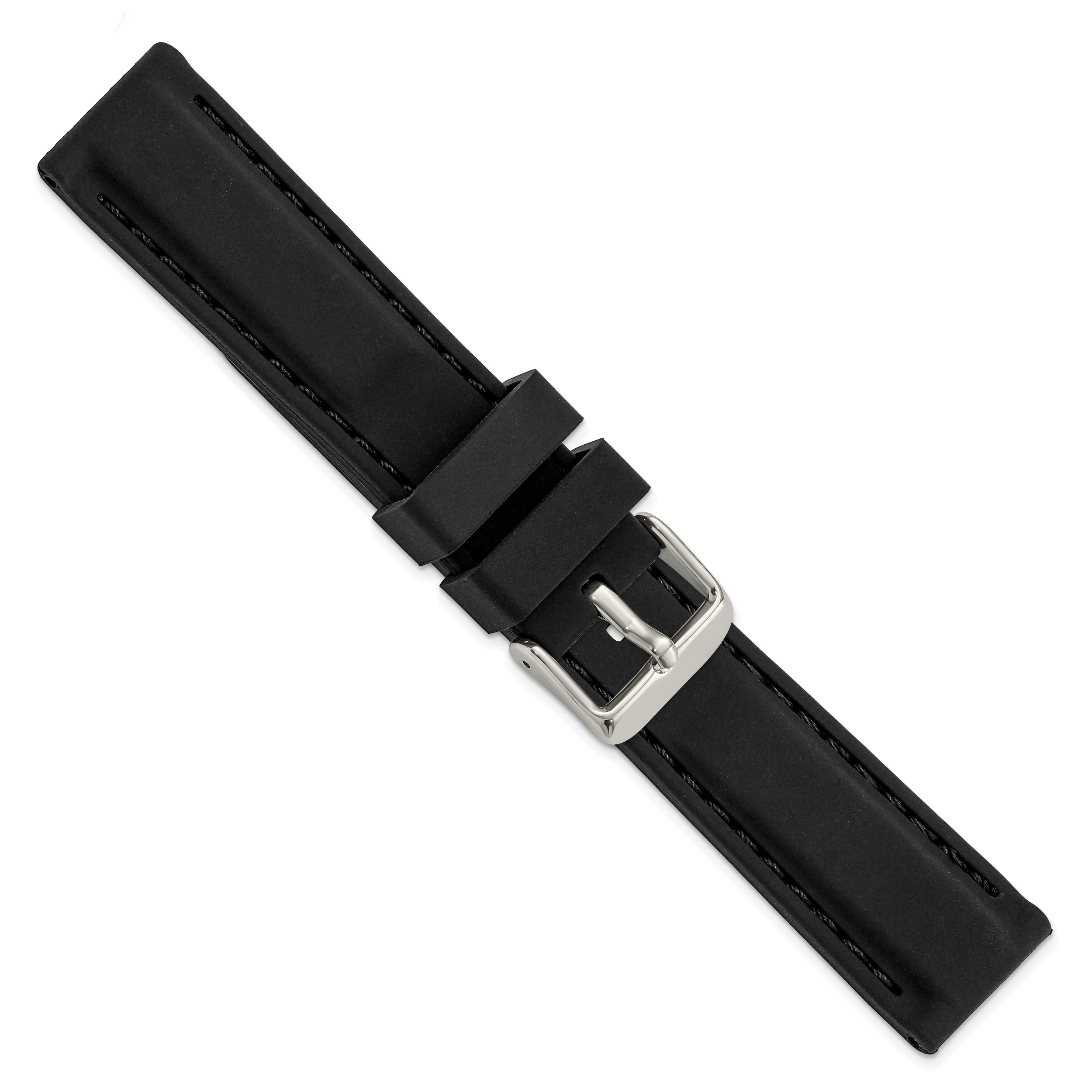 20mm Black Smooth Silicone with Black Stitching and Silver-tone Buckle 8 inch Watch Band