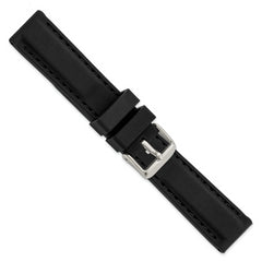 20mm Black Smooth Silicone with Black Stitching and Silver-tone Buckle 8 inch Watch Band