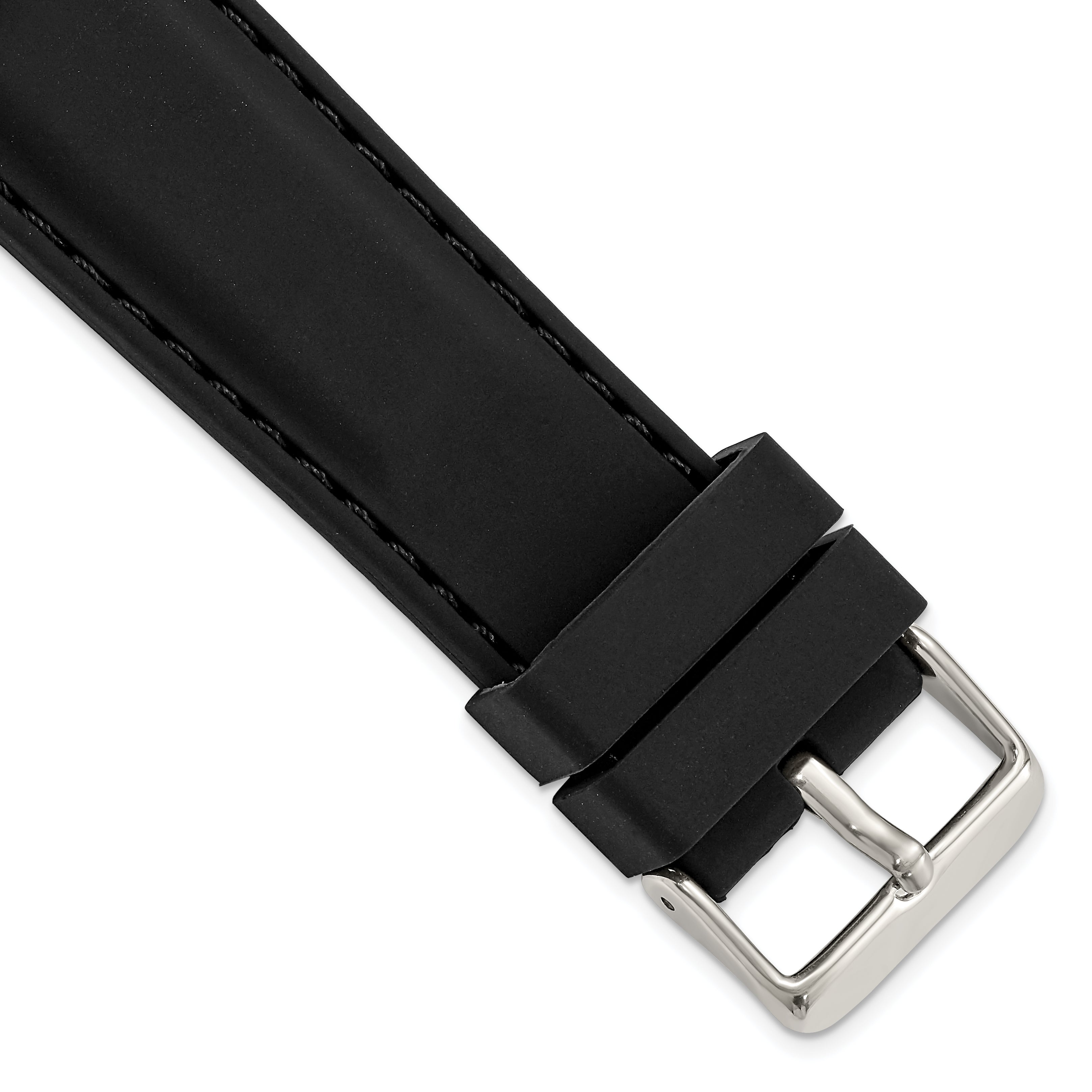 20mm Black Smooth Silicone with Black Stitching and Silver-tone Buckle 8 inch Watch Band