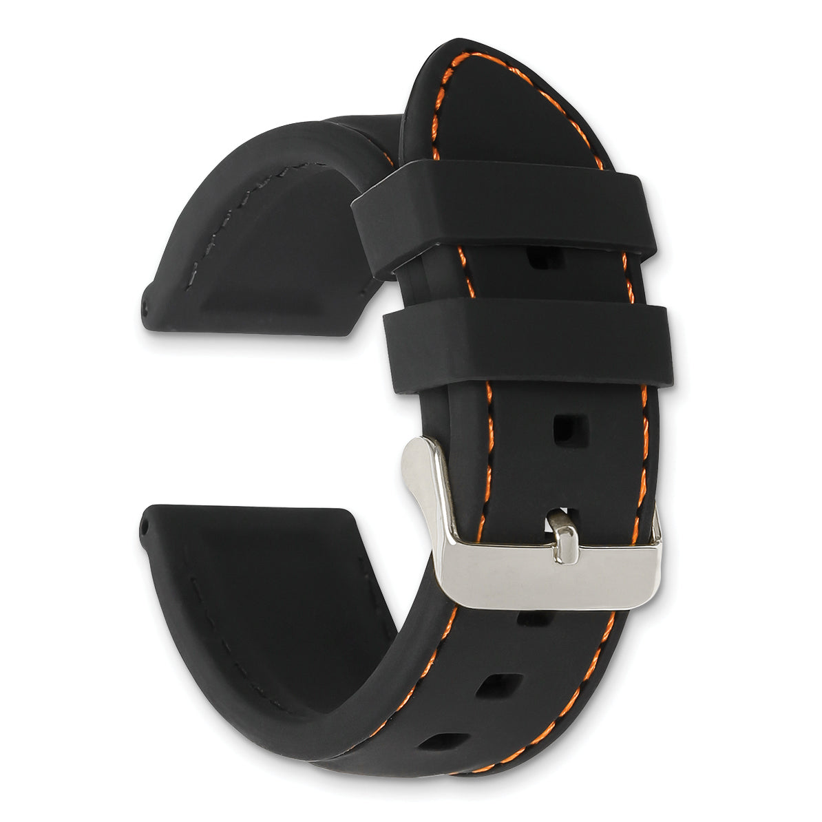 20mm Black Smooth Silicone with Orange Stitching and Silver-tone Buckle 8 inch Watch Band