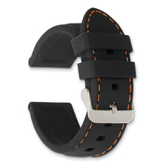 20mm Black Smooth Silicone with Orange Stitching and Silver-tone Buckle 8 inch Watch Band