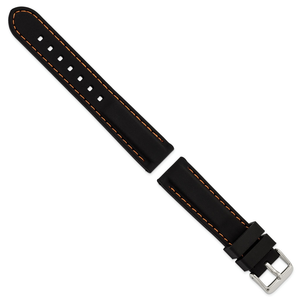 20mm Black Smooth Silicone with Orange Stitching and Silver-tone Buckle 8 inch Watch Band