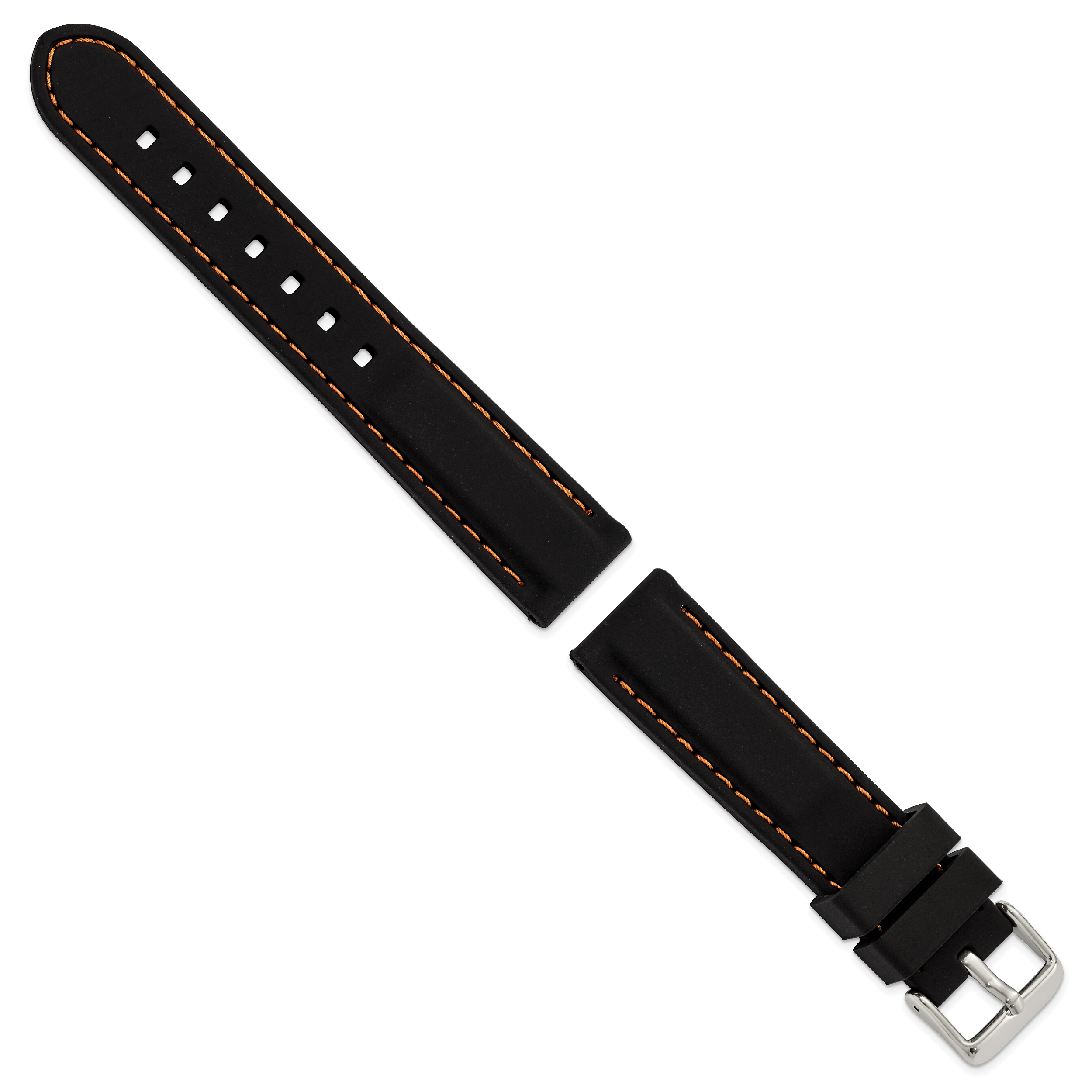 20mm Black Smooth Silicone with Orange Stitching and Silver-tone Buckle 8 inch Watch Band
