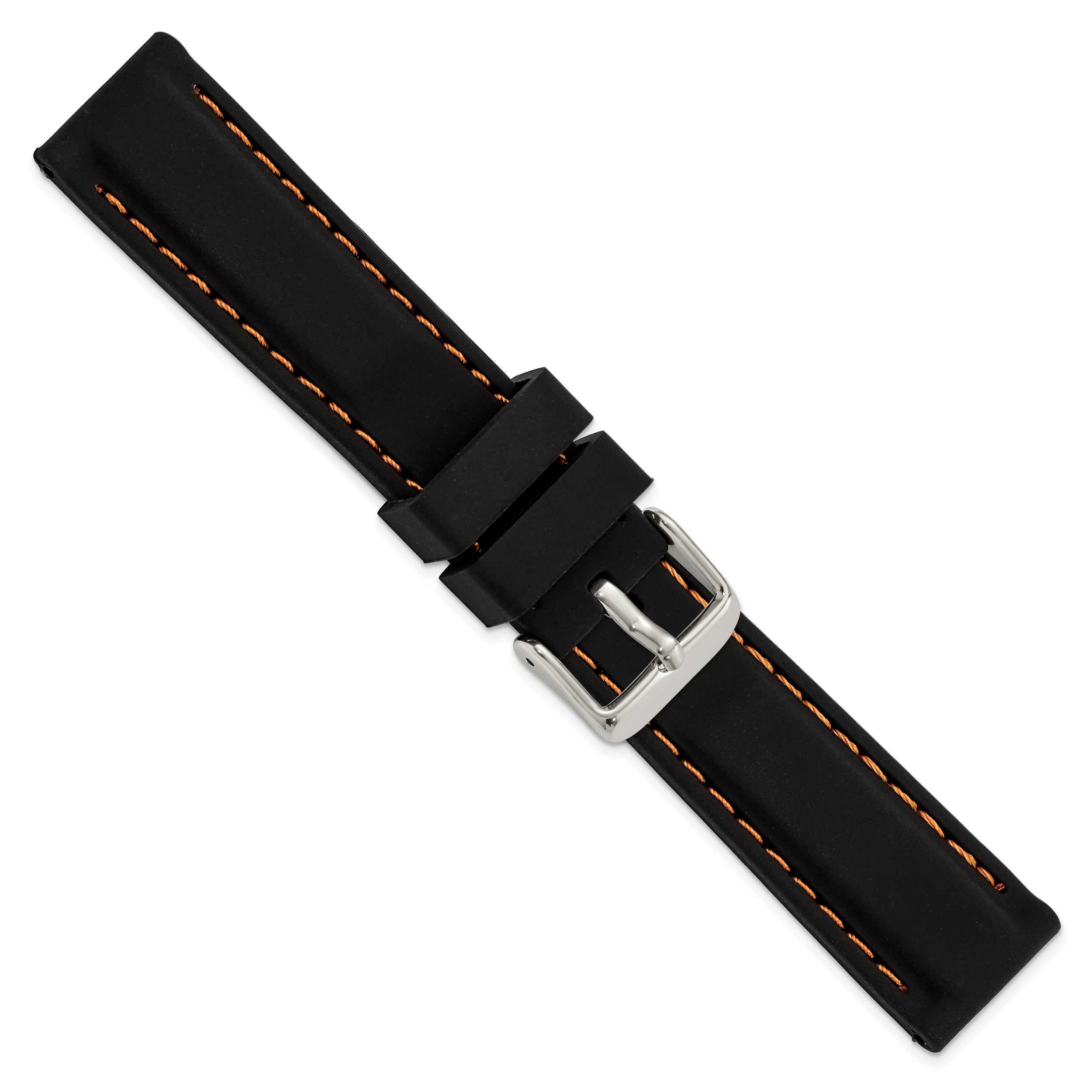20mm Black Smooth Silicone with Orange Stitching and Silver-tone Buckle 8 inch Watch Band