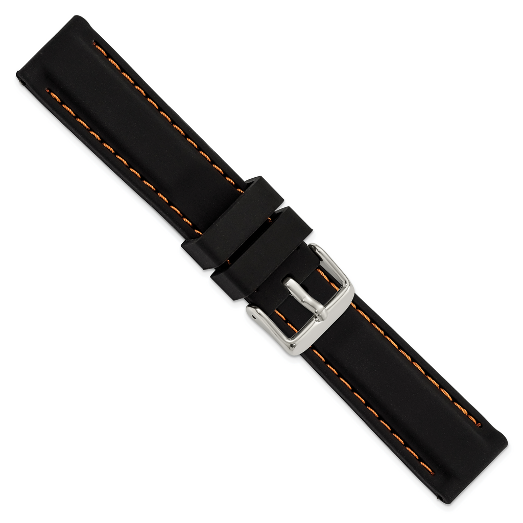 20mm Black Smooth Silicone with Orange Stitching and Silver-tone Buckle 8 inch Watch Band