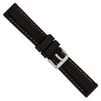 20mm Black Smooth Silicone with Orange Stitching and Silver-tone Buckle 8 inch Watch Band