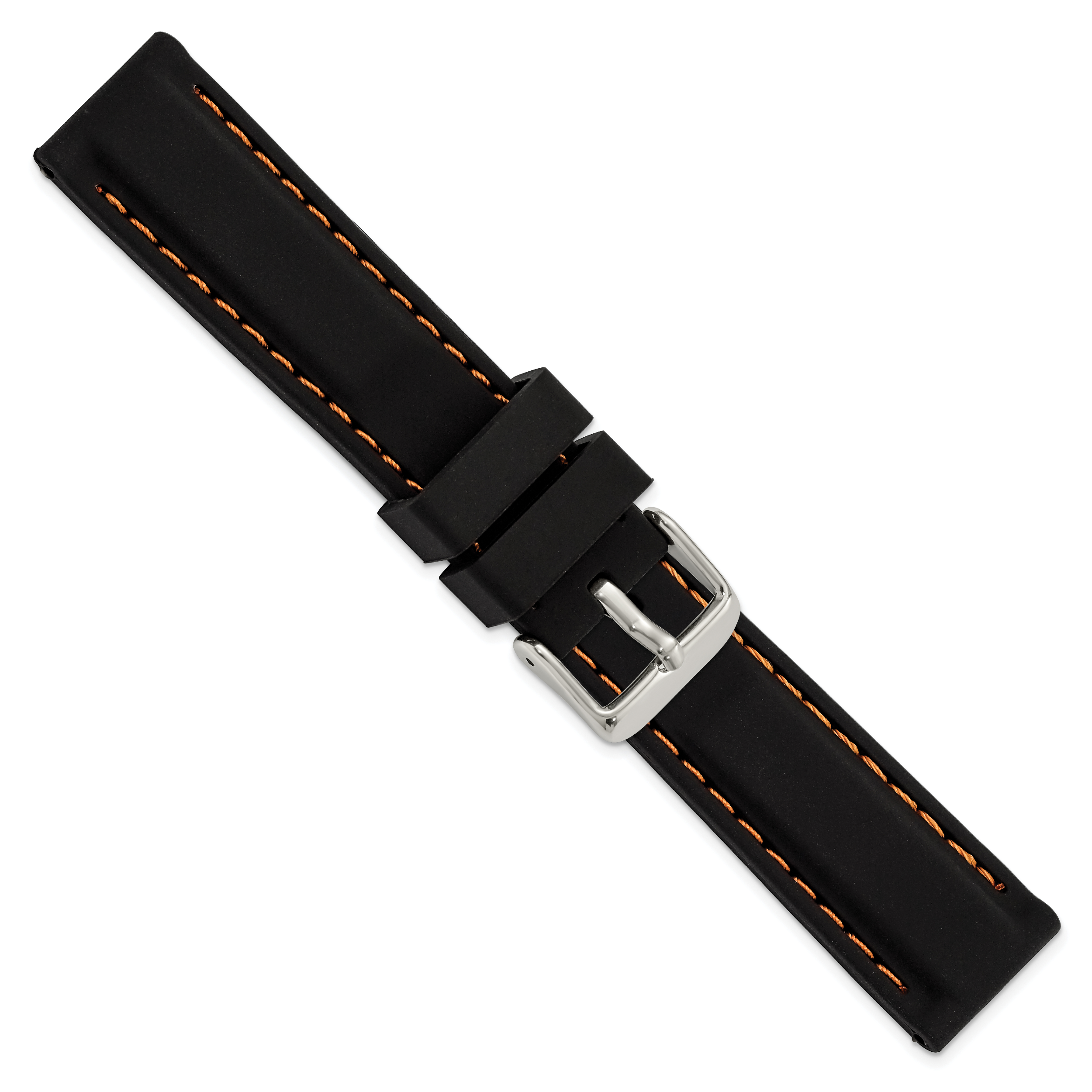 20mm Black Smooth Silicone with Orange Stitching and Silver-tone Buckle 8 inch Watch Band