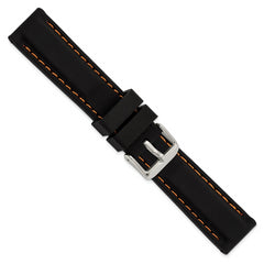 20mm Black Smooth Silicone with Orange Stitching and Silver-tone Buckle 8 inch Watch Band