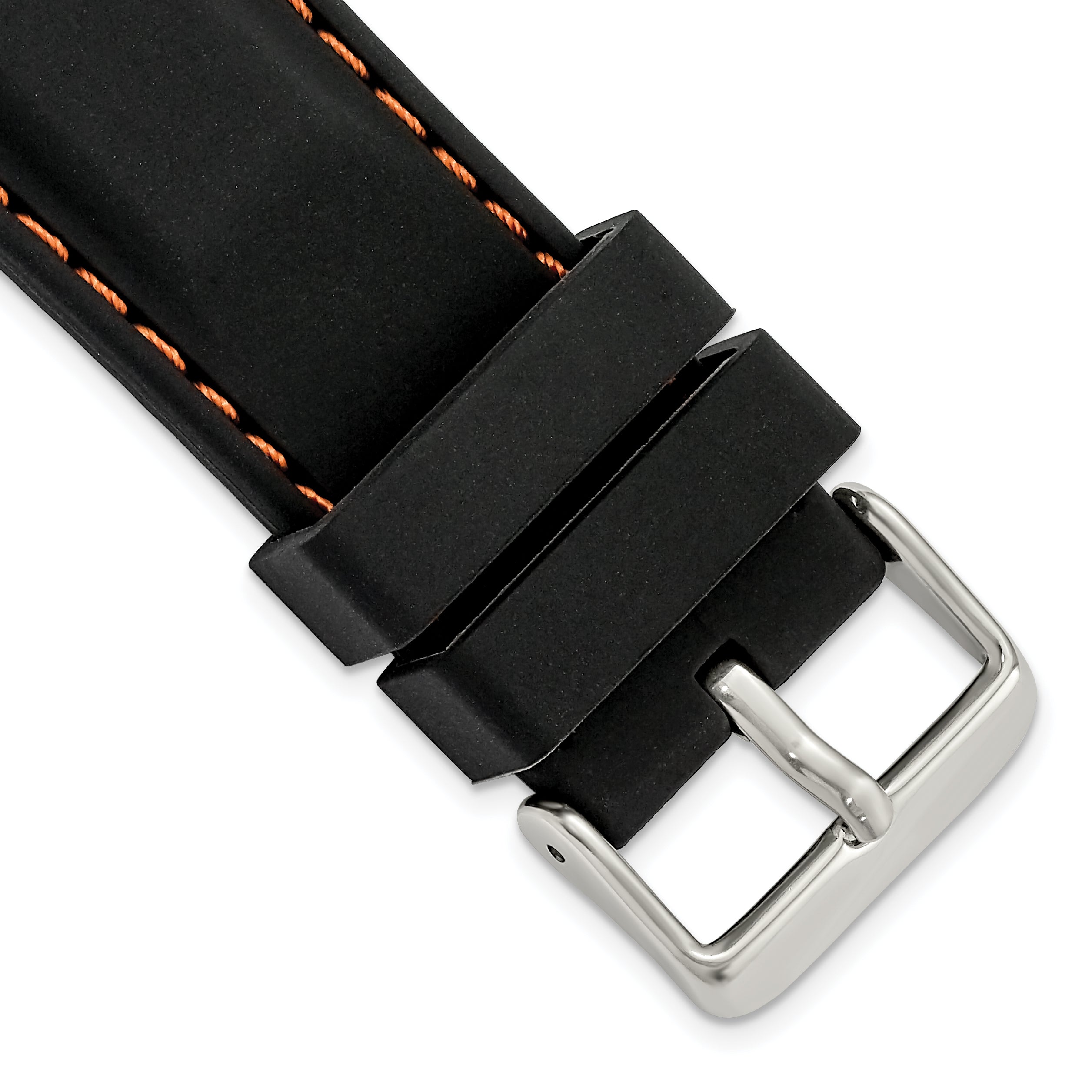 20mm Black Smooth Silicone with Orange Stitching and Silver-tone Buckle 8 inch Watch Band