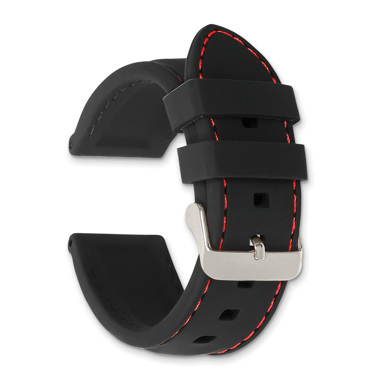 20mm Black Smooth Silicone with Red Stitching and Silver-tone Buckle 8 inch Watch Band