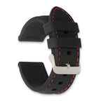 20mm Black Smooth Silicone with Red Stitching and Silver-tone Buckle 8 inch Watch Band