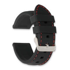20mm Black Smooth Silicone with Red Stitching and Silver-tone Buckle 8 inch Watch Band
