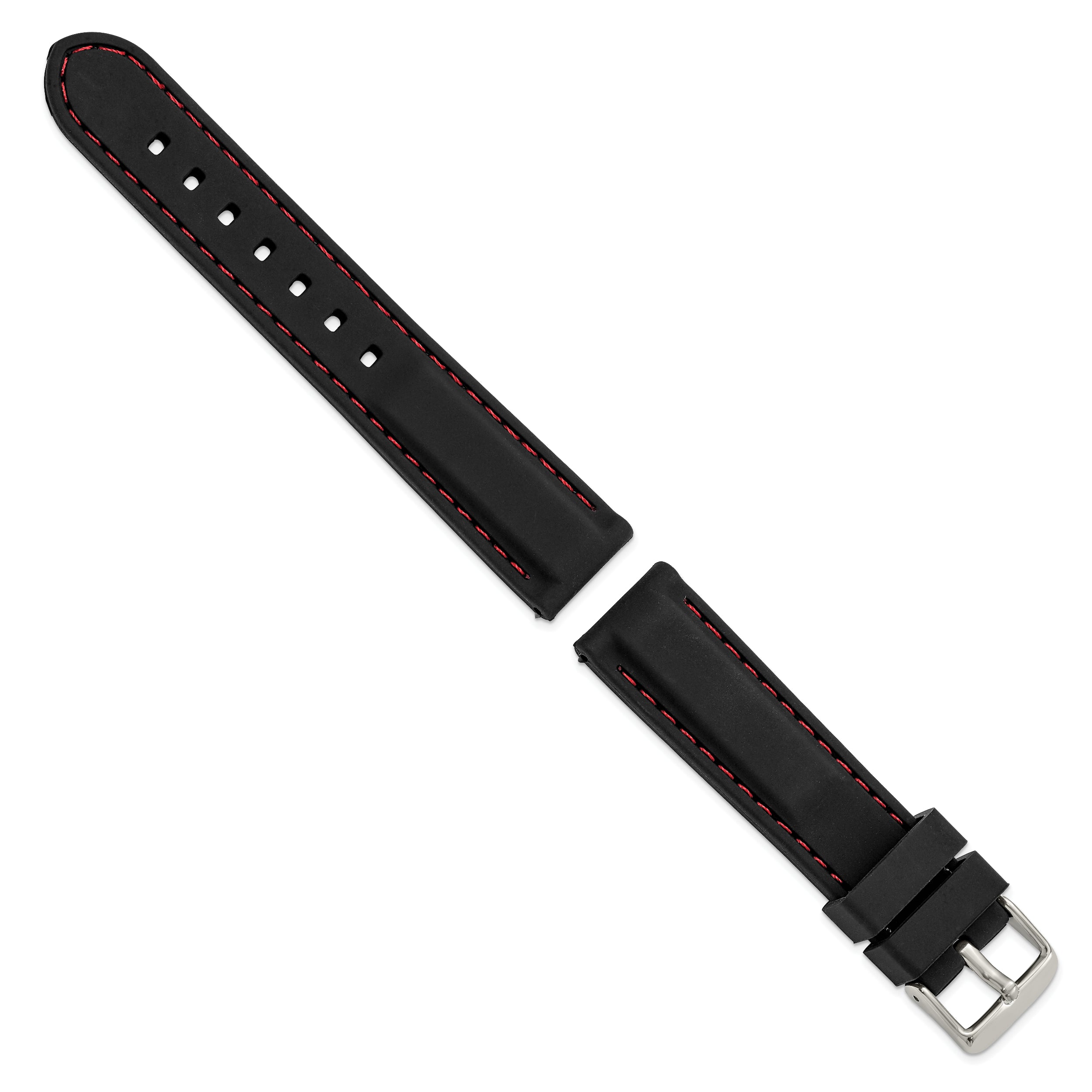 20mm Black Smooth Silicone with Red Stitching and Silver-tone Buckle 8 inch Watch Band