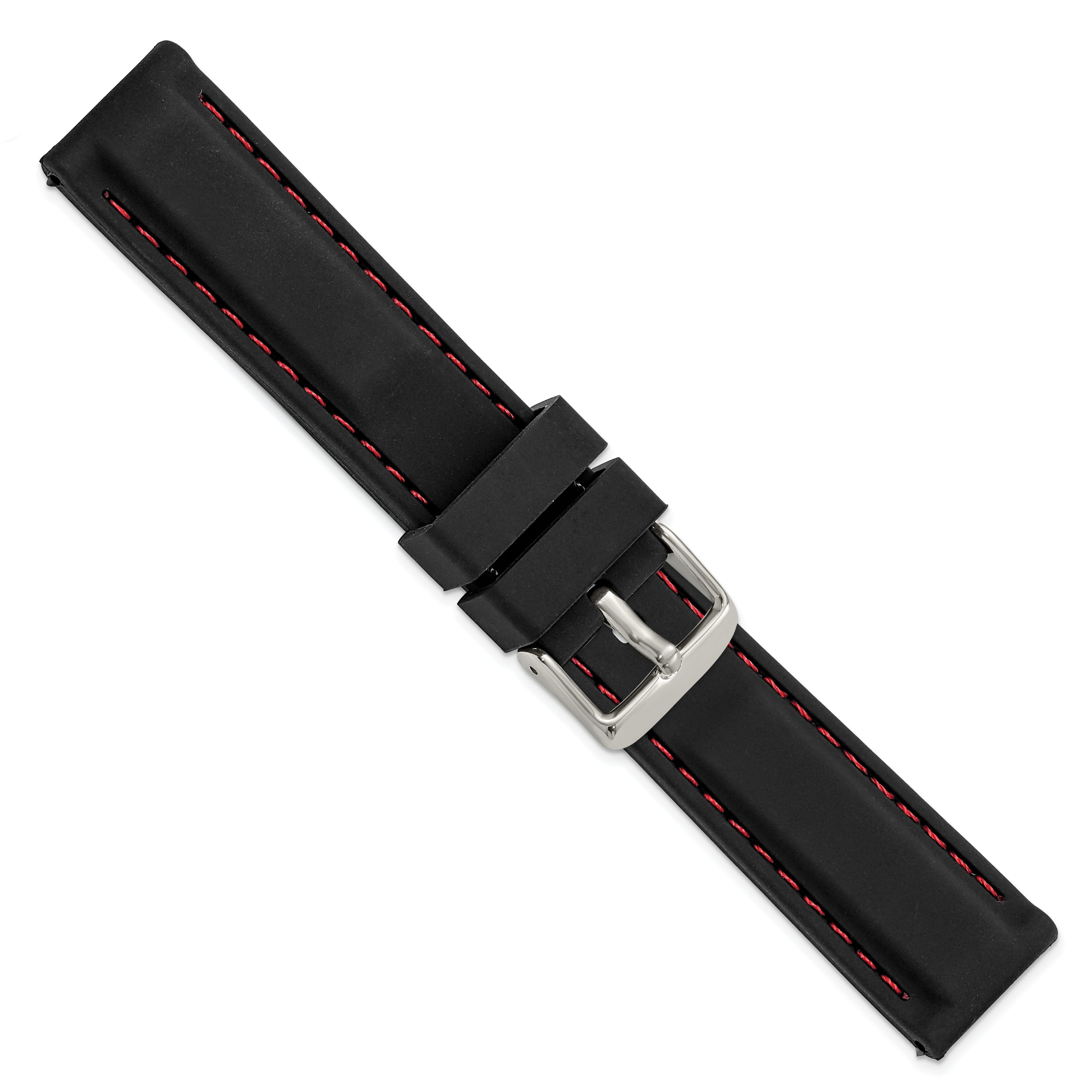 20mm Black Smooth Silicone with Red Stitching and Silver-tone Buckle 8 inch Watch Band