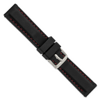 20mm Black Smooth Silicone with Red Stitching and Silver-tone Buckle 8 inch Watch Band