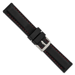 20mm Black Smooth Silicone with Red Stitching and Silver-tone Buckle 8 inch Watch Band