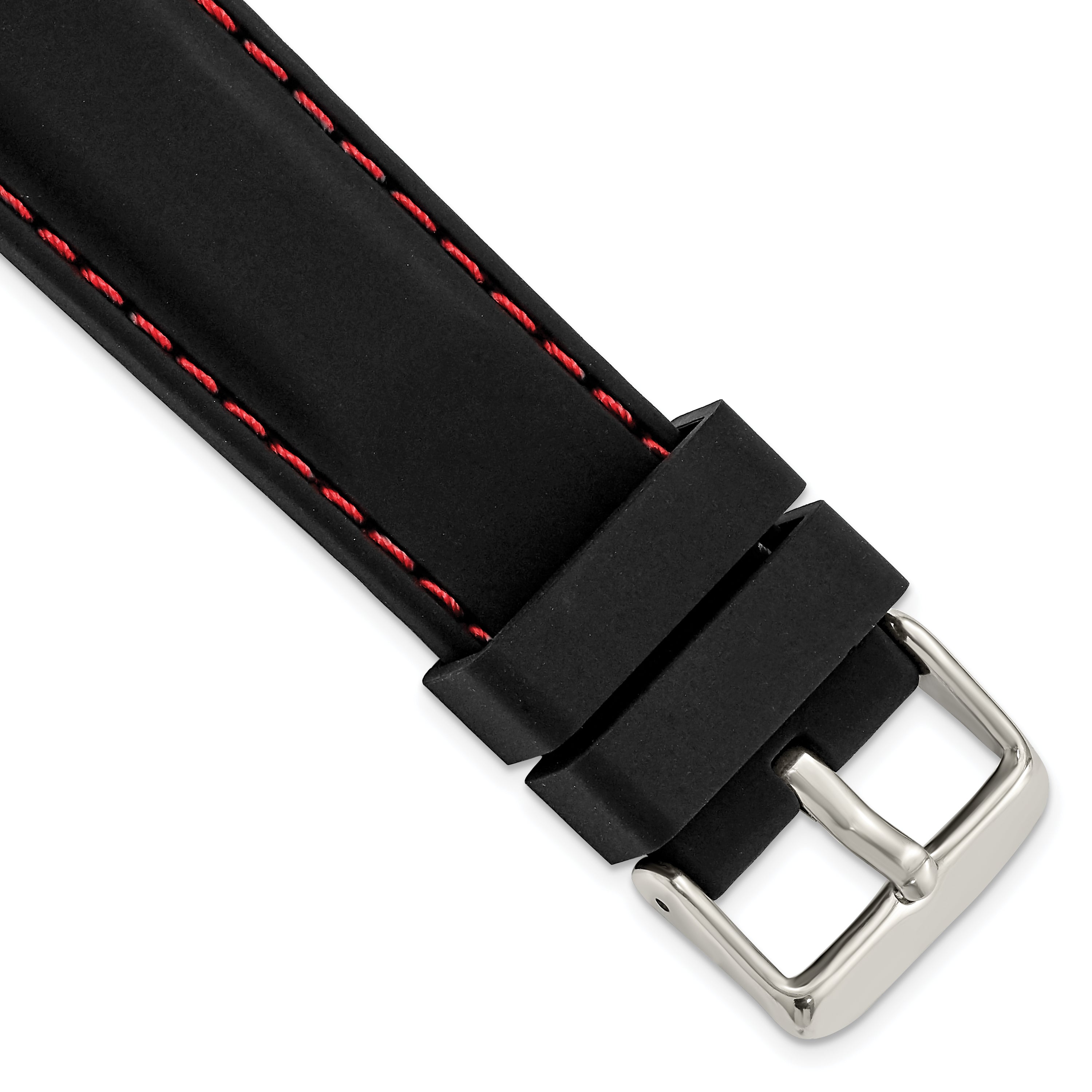 20mm Black Smooth Silicone with Red Stitching and Silver-tone Buckle 8 inch Watch Band