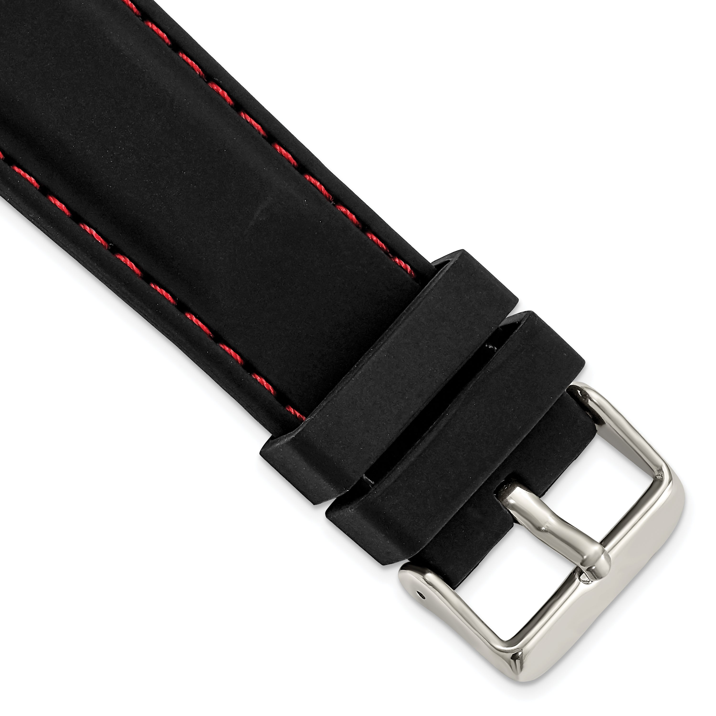 20mm Black Smooth Silicone with Red Stitching and Silver-tone Buckle 8 inch Watch Band
