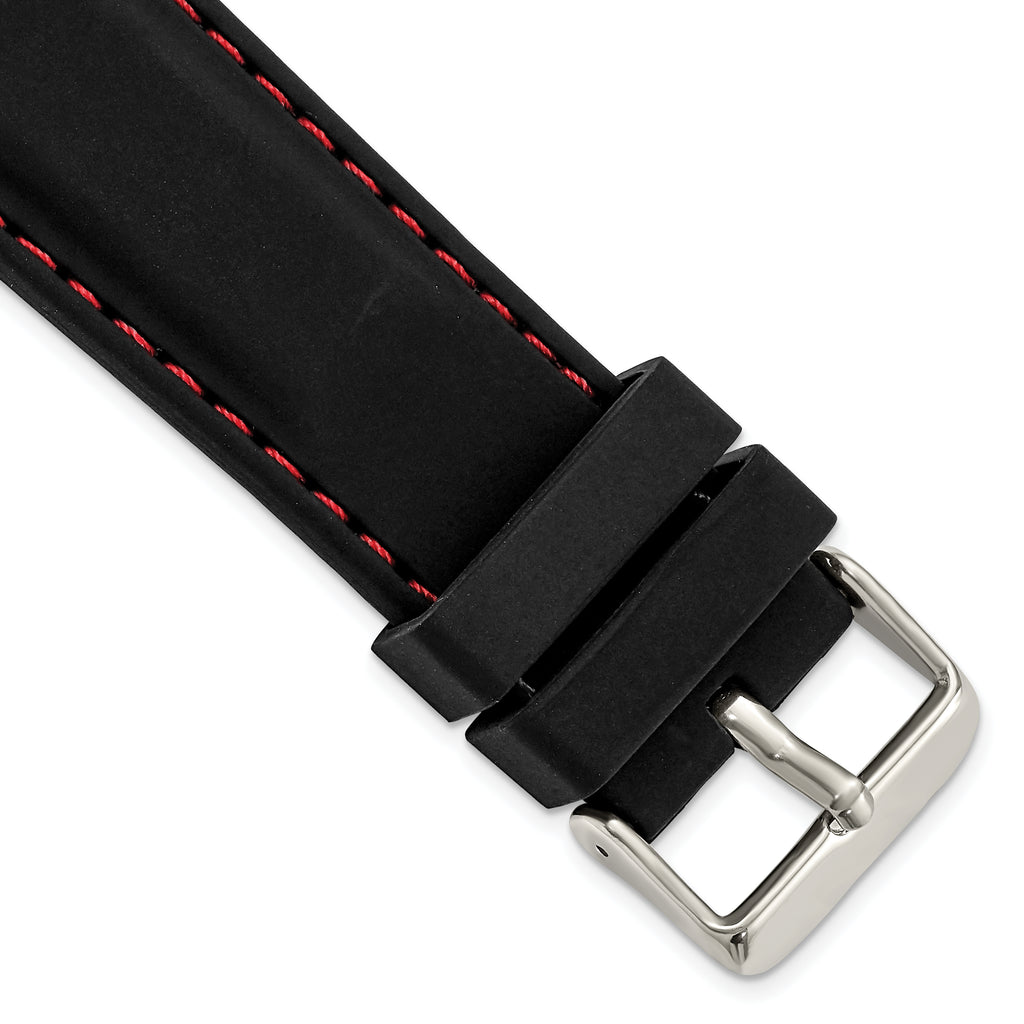 Smooth Silicone Watch Band in Black with Red Stitching, 24mm