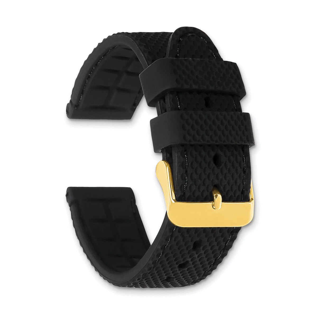 18mm Black Textured Silicone with Black Stitching and Gold-tone Buckle 8 inch Watch Band
