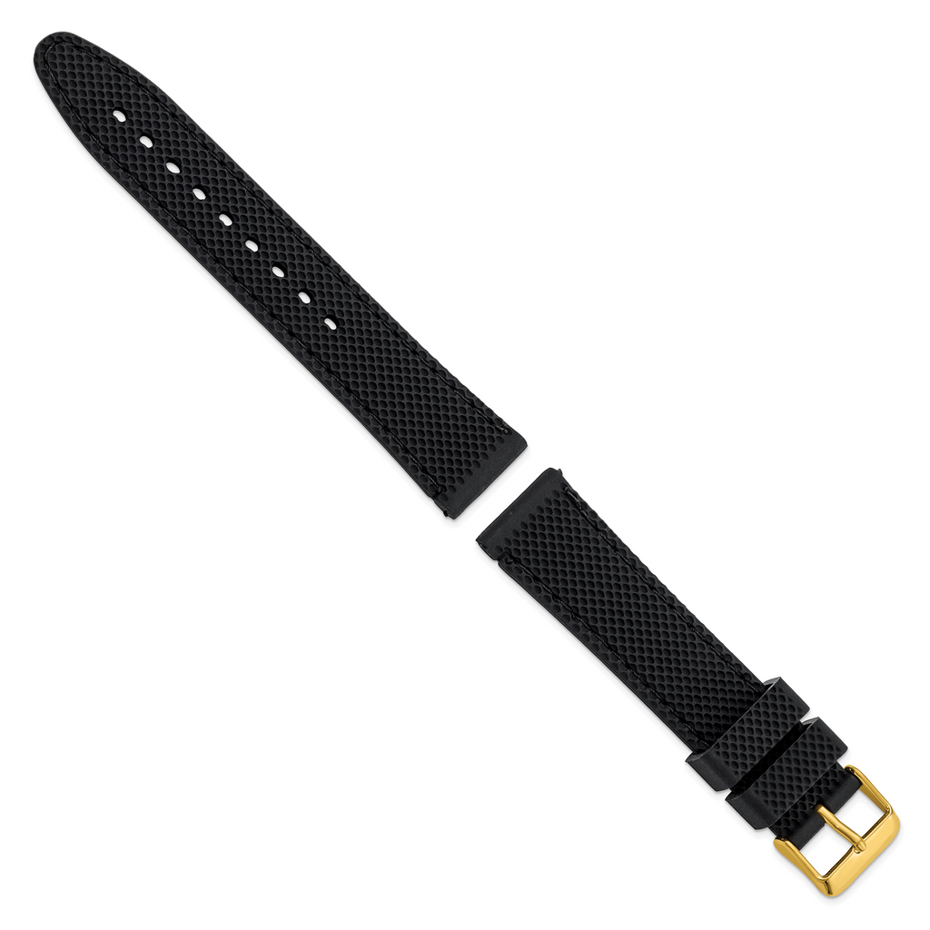 DeBeer 20mm Black Textured Silicone with Black Stitching and Gold-tone Buckle 8 inch Watch Band