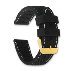 18mm Black Textured Silicone with White Stitching and Gold-tone Buckle 8 inch Watch Band