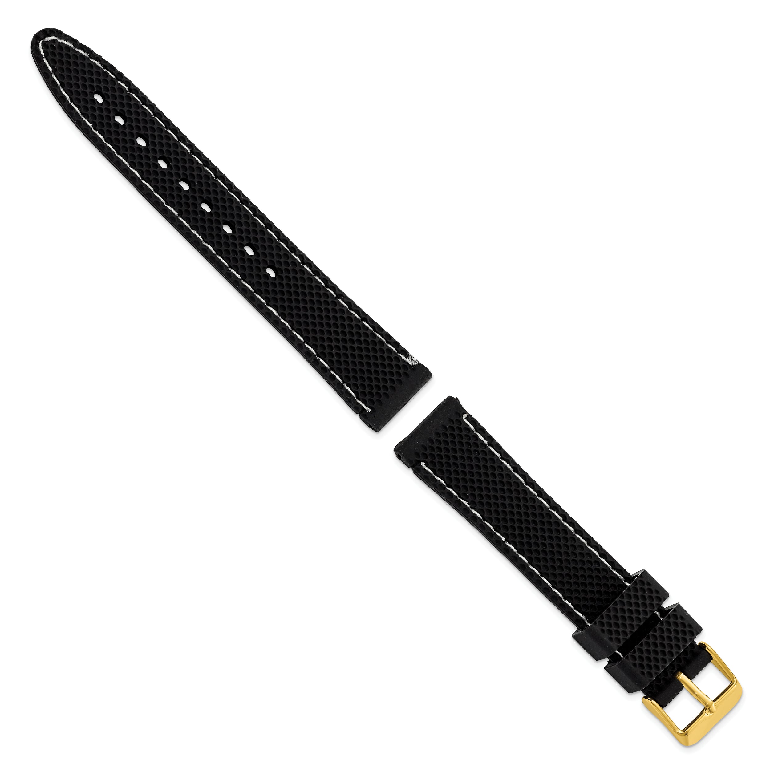 18mm Black Textured Silicone with White Stitching and Gold-tone Buckle 8 inch Watch Band