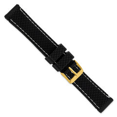 18mm Black Textured Silicone with White Stitching and Gold-tone Buckle 8 inch Watch Band