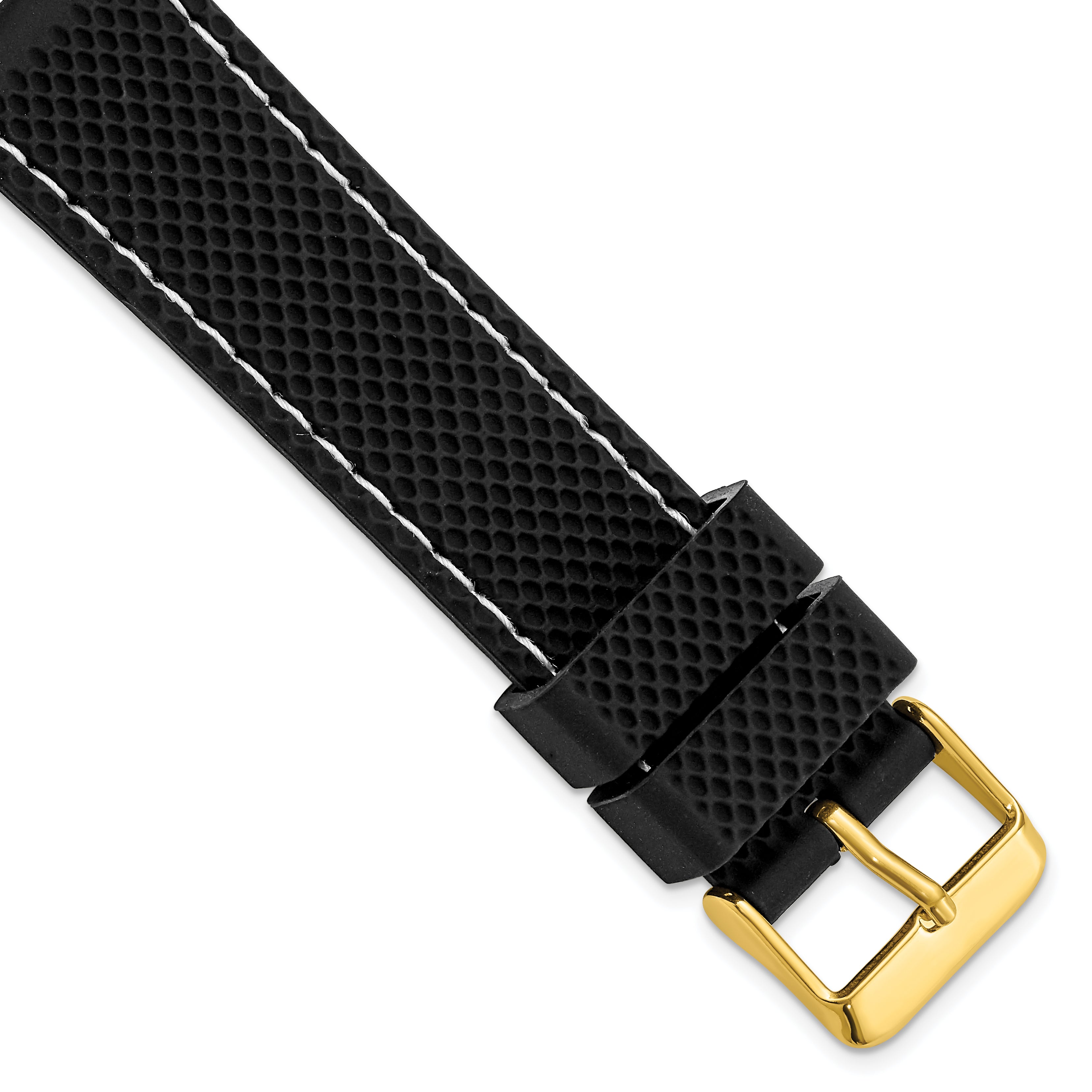 18mm Black Textured Silicone with White Stitching and Gold-tone Buckle 8 inch Watch Band