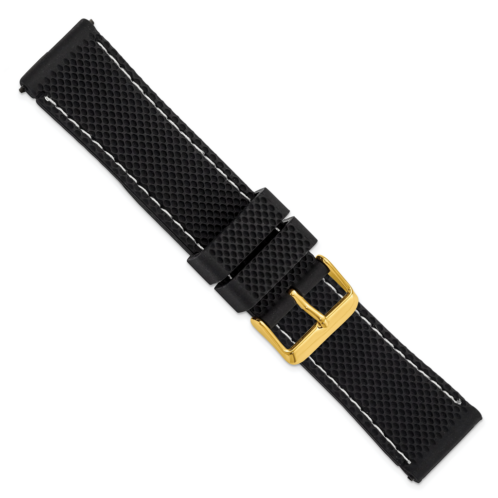 DeBeer 22mm Black Textured Silicone with White Stitching and Gold-tone Buckle 8 inch Watch Band