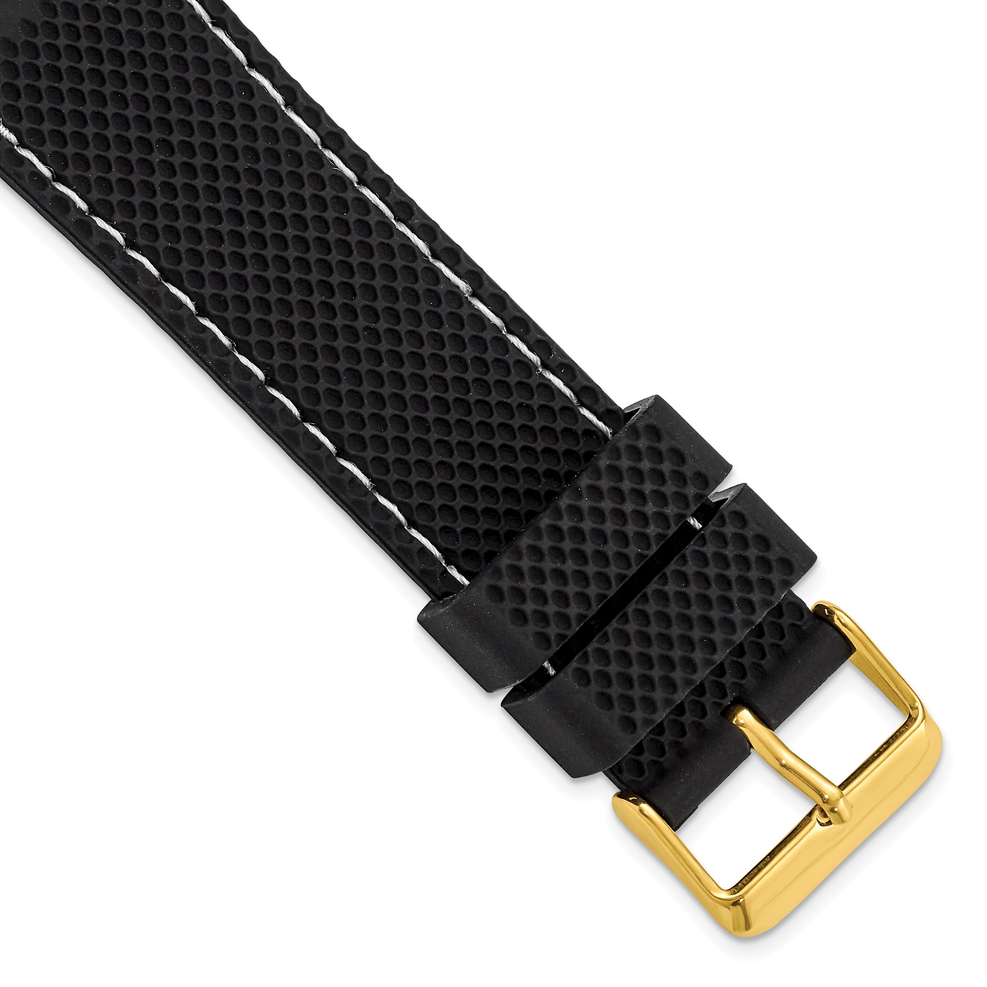 18mm Black Textured Silicone with White Stitching and Gold-tone Buckle 8 inch Watch Band