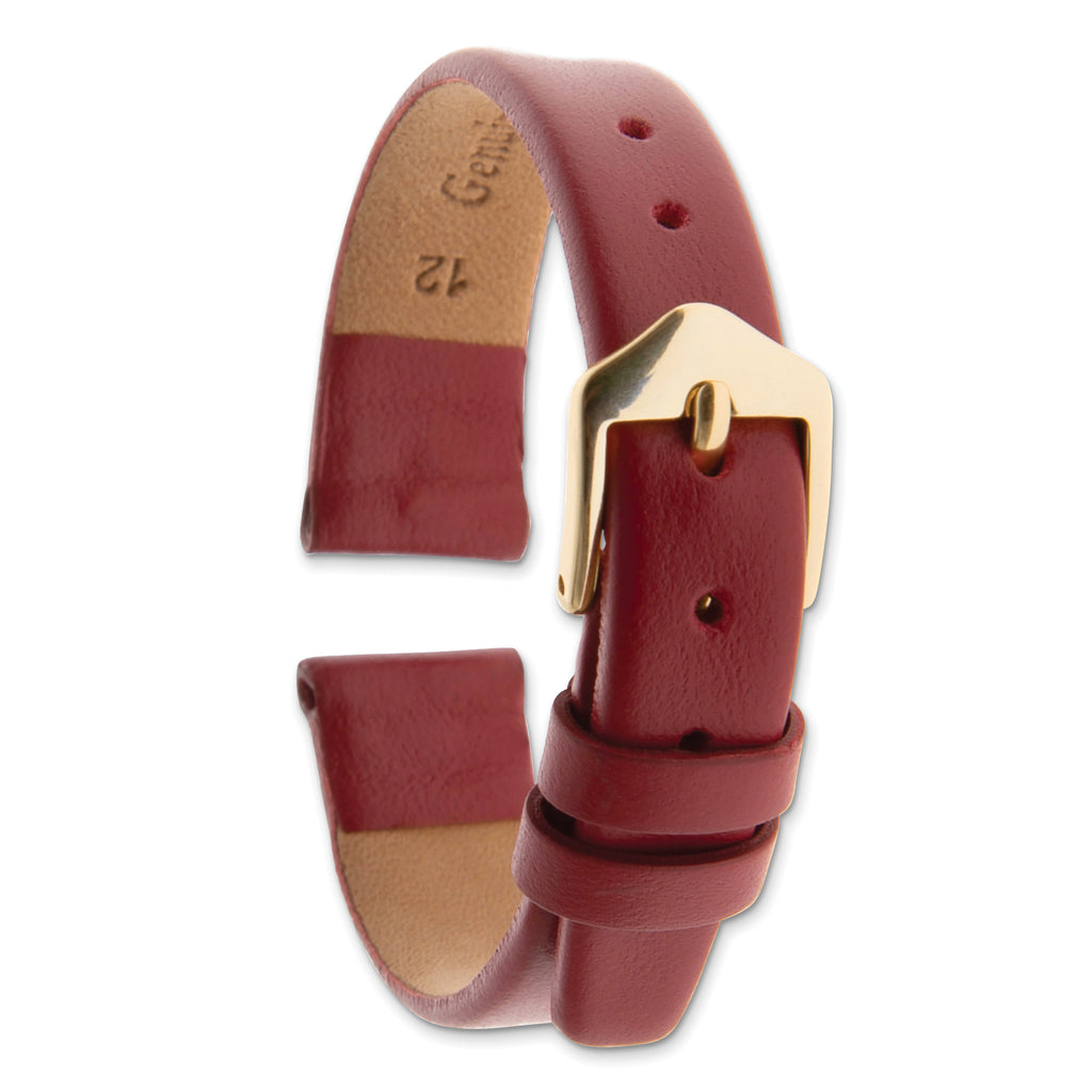 12mm Dark Red Classic Calfskin Leather with Gold-tone Aluminum Buckle 6.6 inch Watch Band - Sophia Jewelers