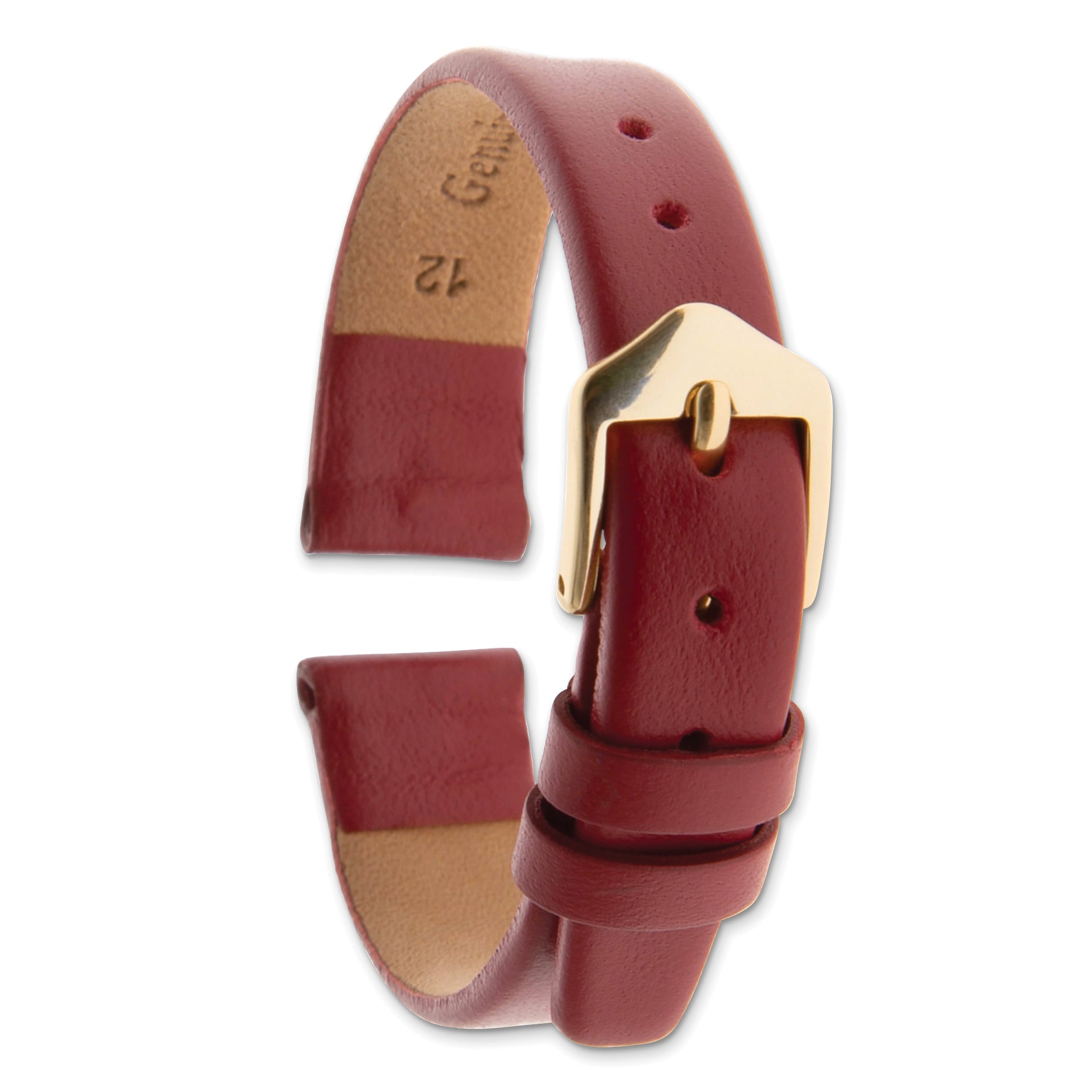 12mm Dark Red Classic Calfskin Leather with Gold-tone Aluminum Buckle 6.6 inch Watch Band - Sophia Jewelers