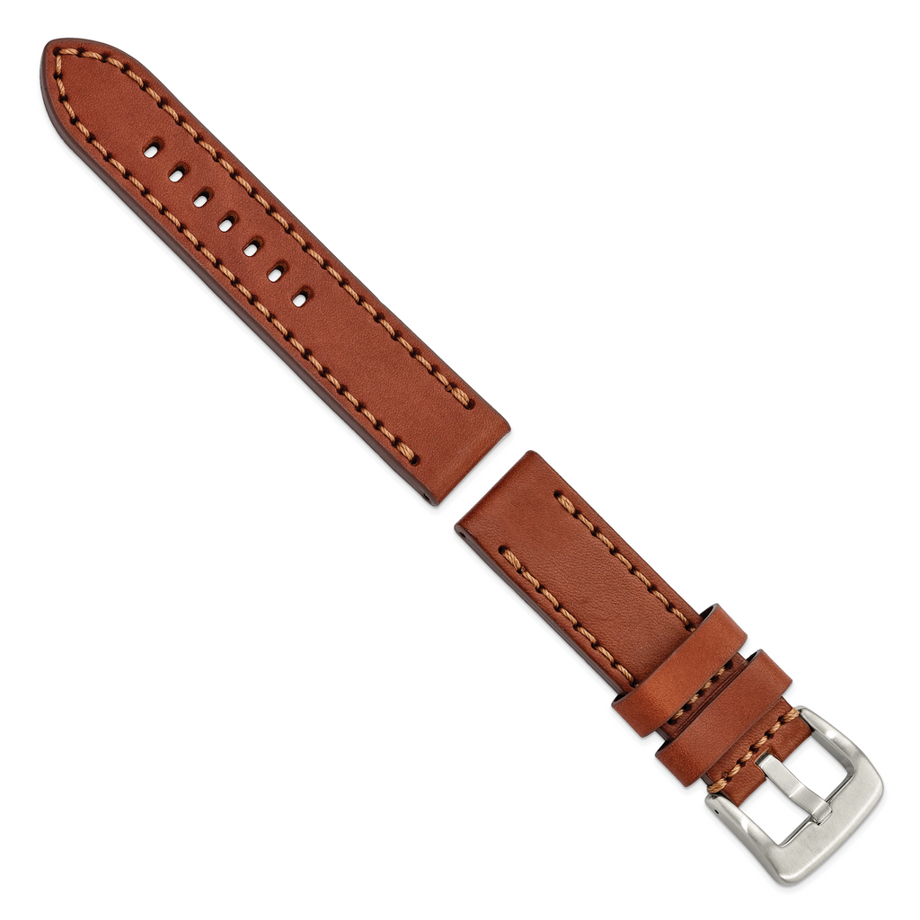 Brown Calfskin Leather Watch Band with With Stitching and Silver-Tone Buckle 22mm