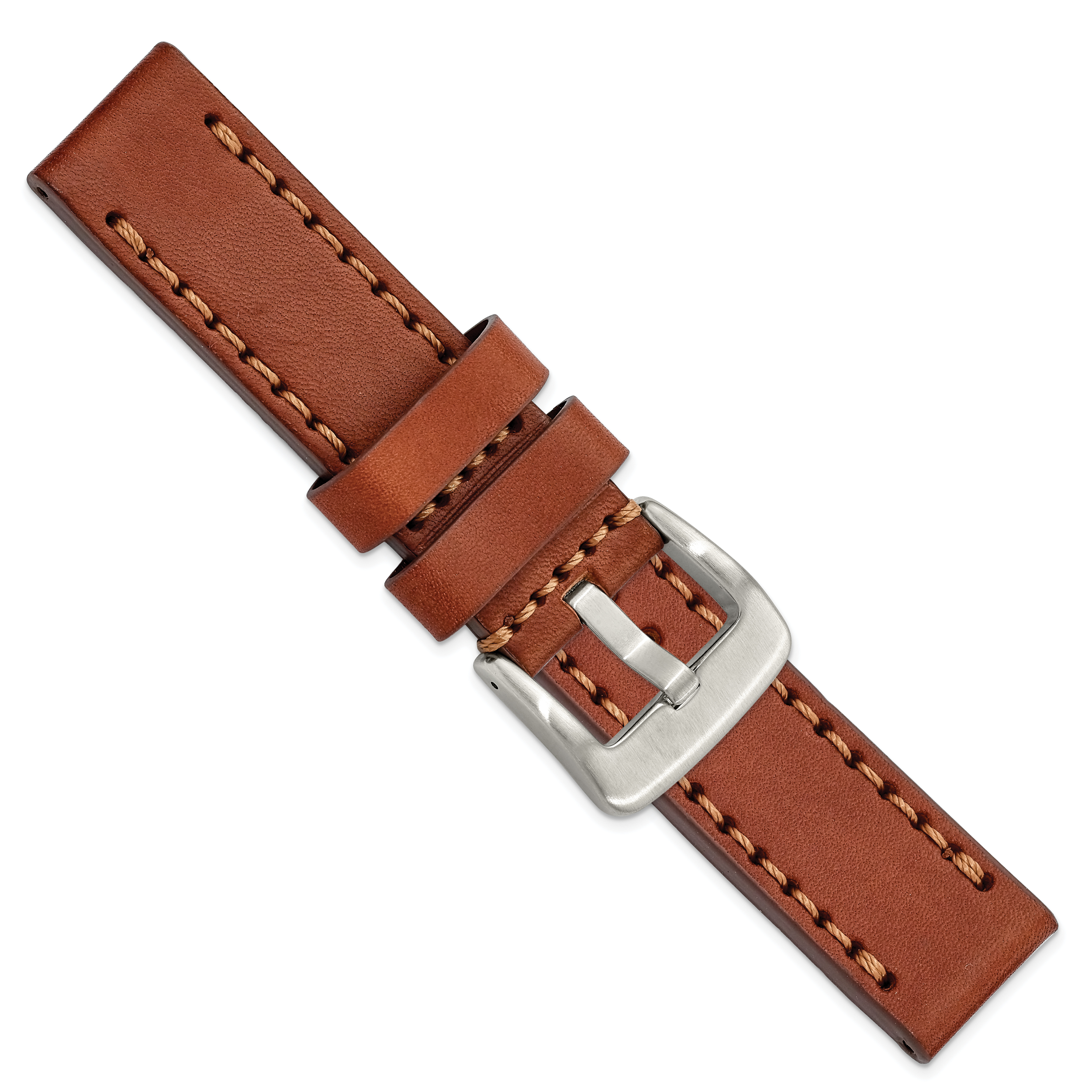 Brown Calfskin Leather Watch Band with With Stitching and Silver-Tone Buckle 22mm