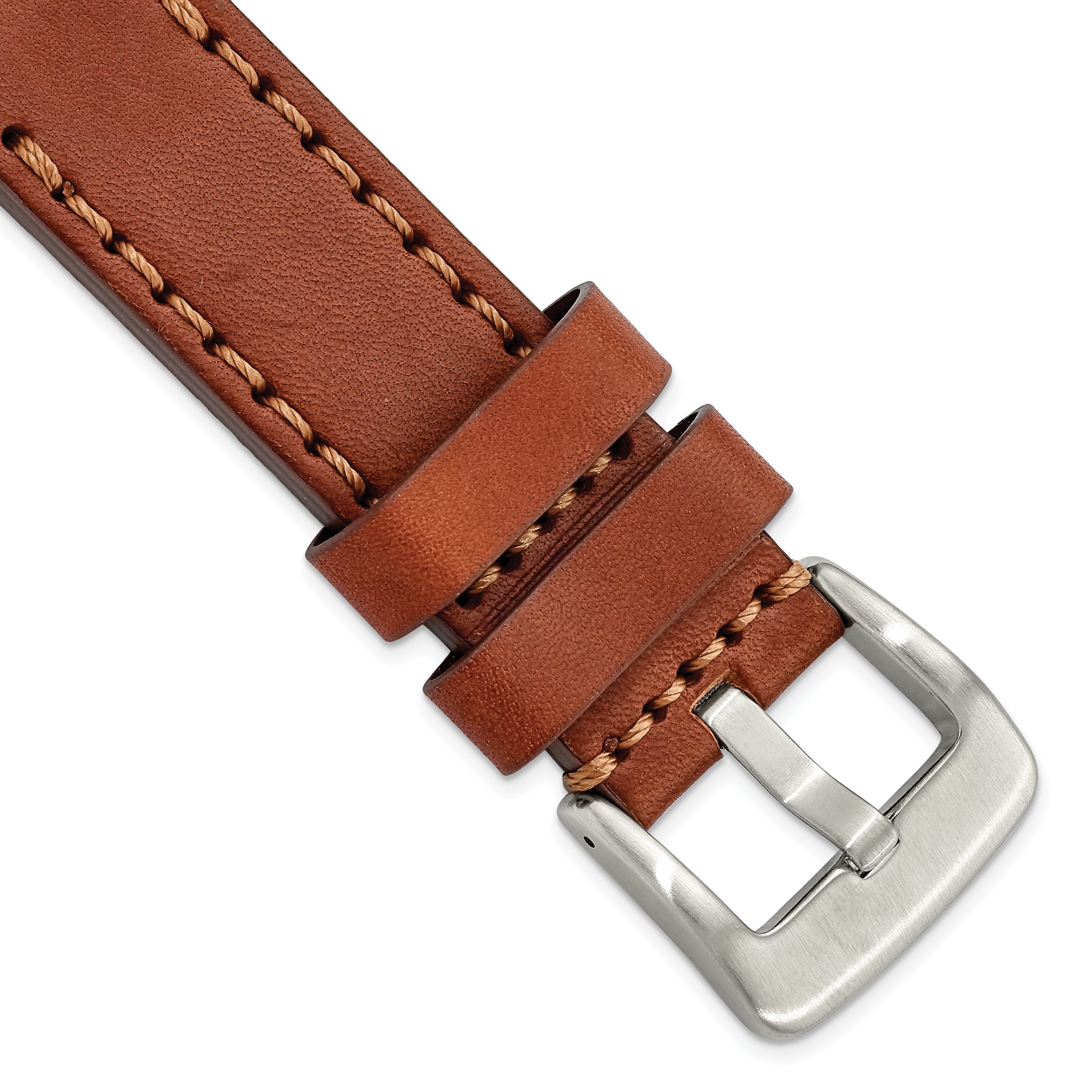 Brown Calfskin Leather Watch Band with With Stitching and Silver-Tone Buckle 22mm