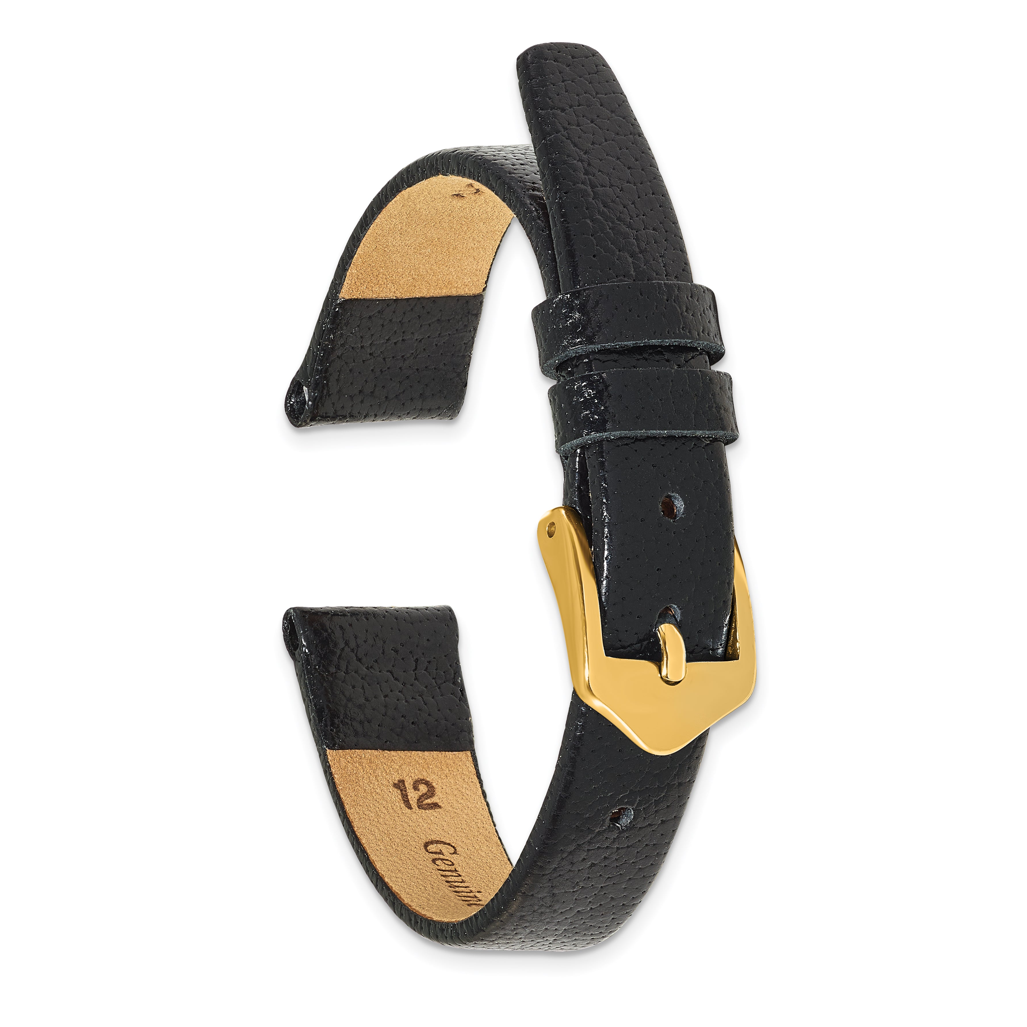 12mm Black Flat Polished Leather with Gold-tone Aluminum Buckle 6.6 inch Watch Band