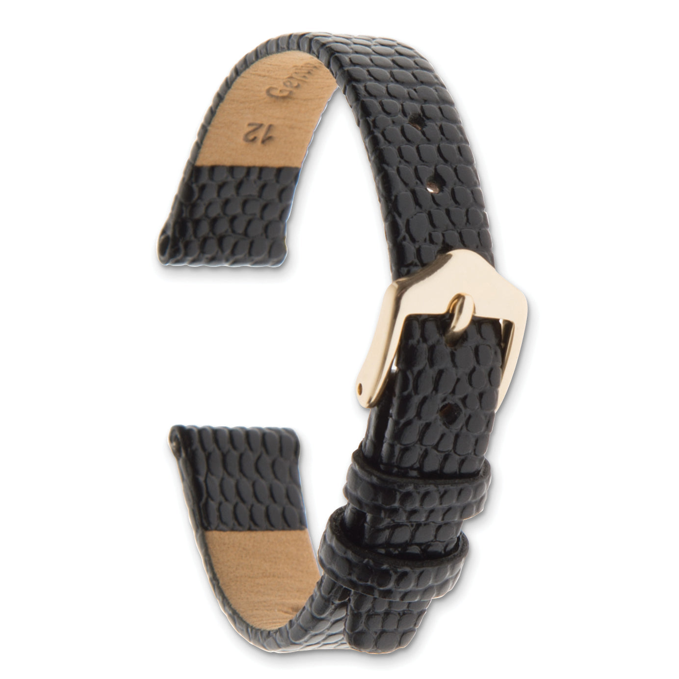10mm Black Flat Lizard Grain Calfskin Leather with Gold-tone Aluminum Buckle 6.75 inch Watch Band