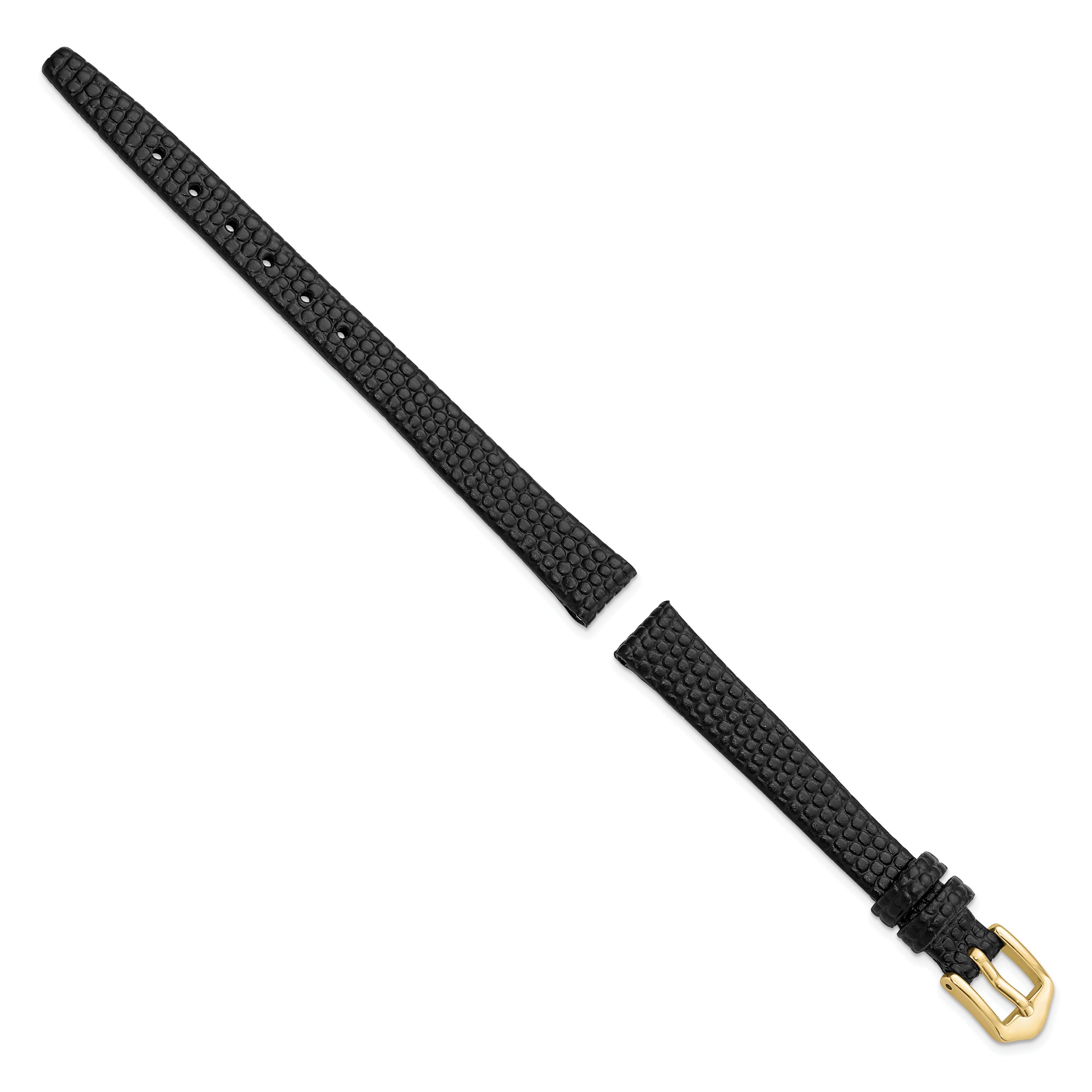 10mm Black Flat Lizard Grain Calfskin Leather with Gold-tone Aluminum Buckle 6.75 inch Watch Band