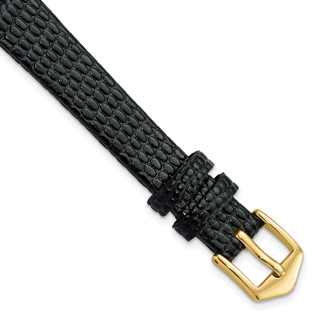 10mm Black Flat Lizard Grain Calfskin Leather with Gold-tone Aluminum Buckle 6.75 inch Watch Band