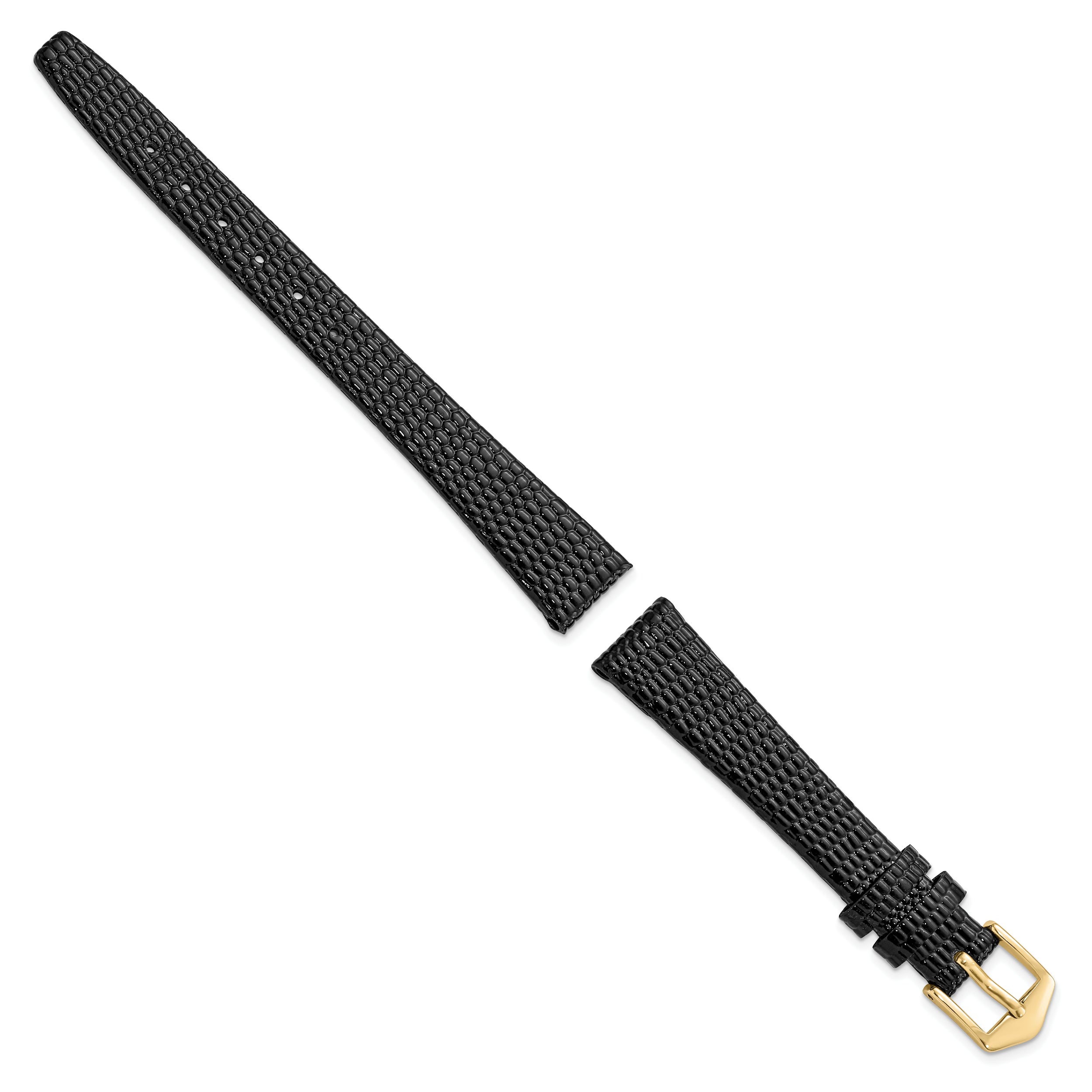 13mm Black Flat Lizard Grain Calfskin Leather with Gold-tone Aluminum Buckle 6.75 inch Watch Band