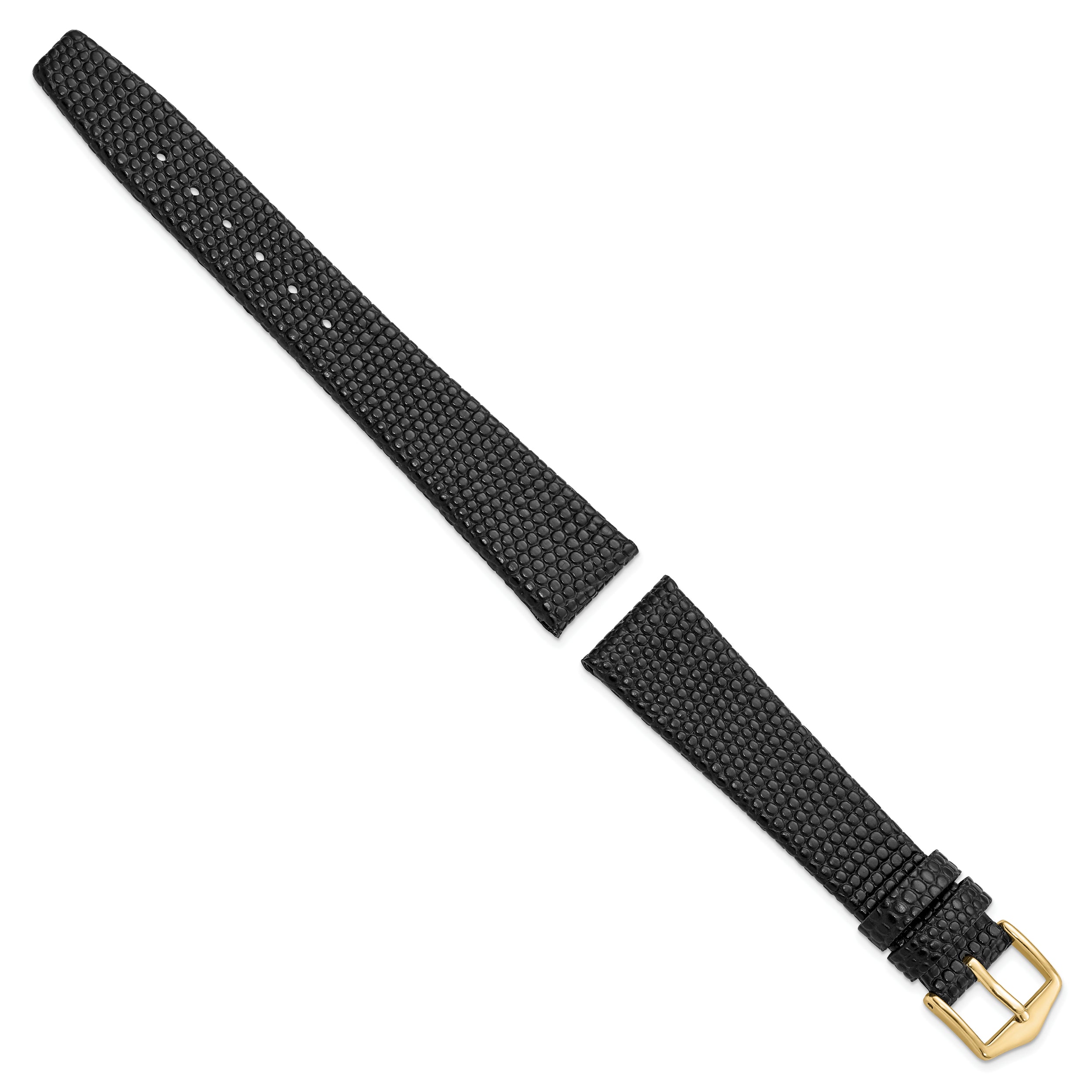 18mm Black Flat Lizard Grain Calfskin Leather with Gold-tone Aluminum Buckle 7.5 inch Watch Band