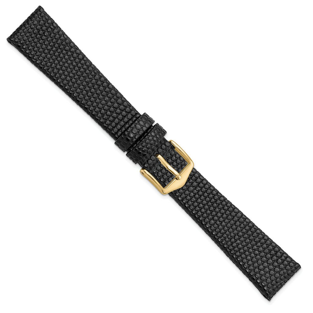 Gilden 18mm Black Flat Lizard Grain Calfskin Leather with Gold-tone Aluminum Buckle 7.5 inch Watch Band
