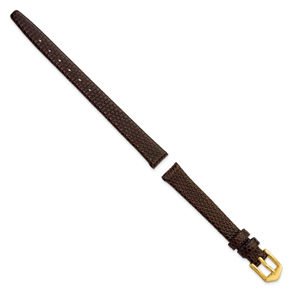 10mm Dark Brown Flat Lizard Grain Calfskin Leather with Gold-tone Aluminum Buckle 6.75 inch Watch Band