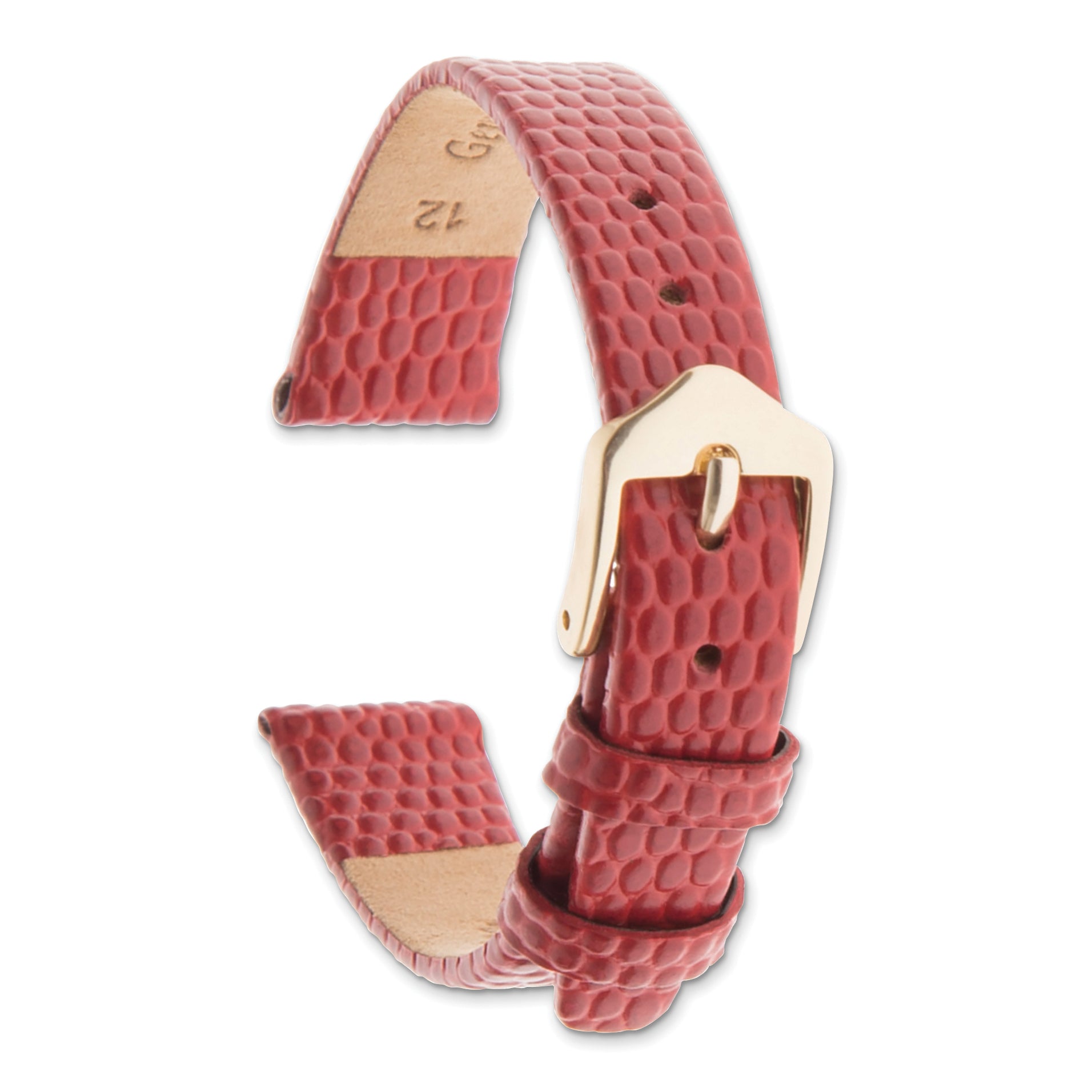 14mm Red Flat Lizard Grain Calfskin Leather with Gold-tone Aluminum Buckle 6.75 inch Watch Band