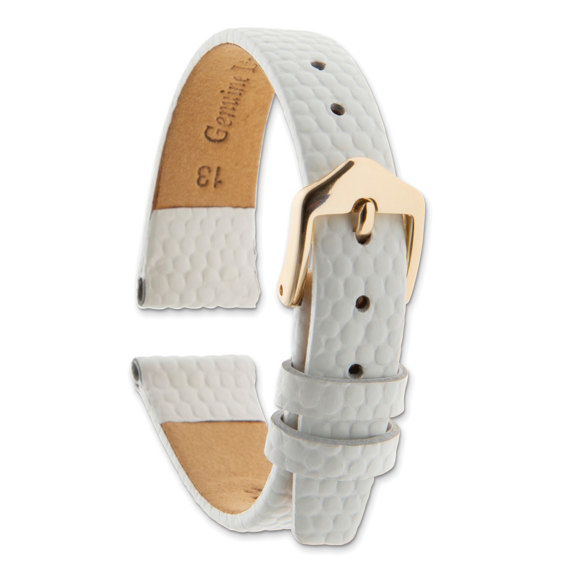 18mm White Flat Lizard Grain Calfskin Leather with Gold-tone Aluminum Buckle 7.5 inch Watch Band
