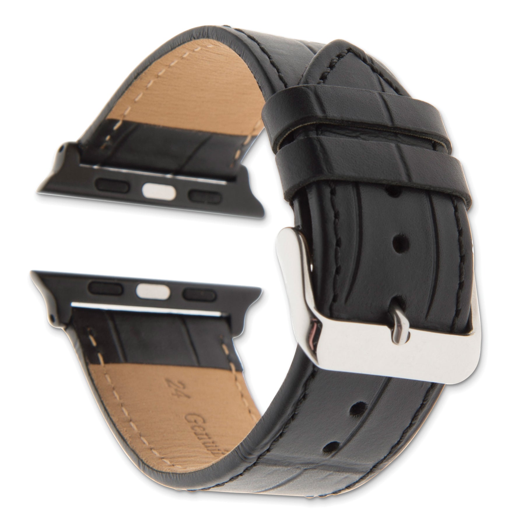 for Apple 42/44mm Smart Watch Black Gator Grain Calfskin Leather with Black Adapters and Stainless Steel Buckle 7.5 inch