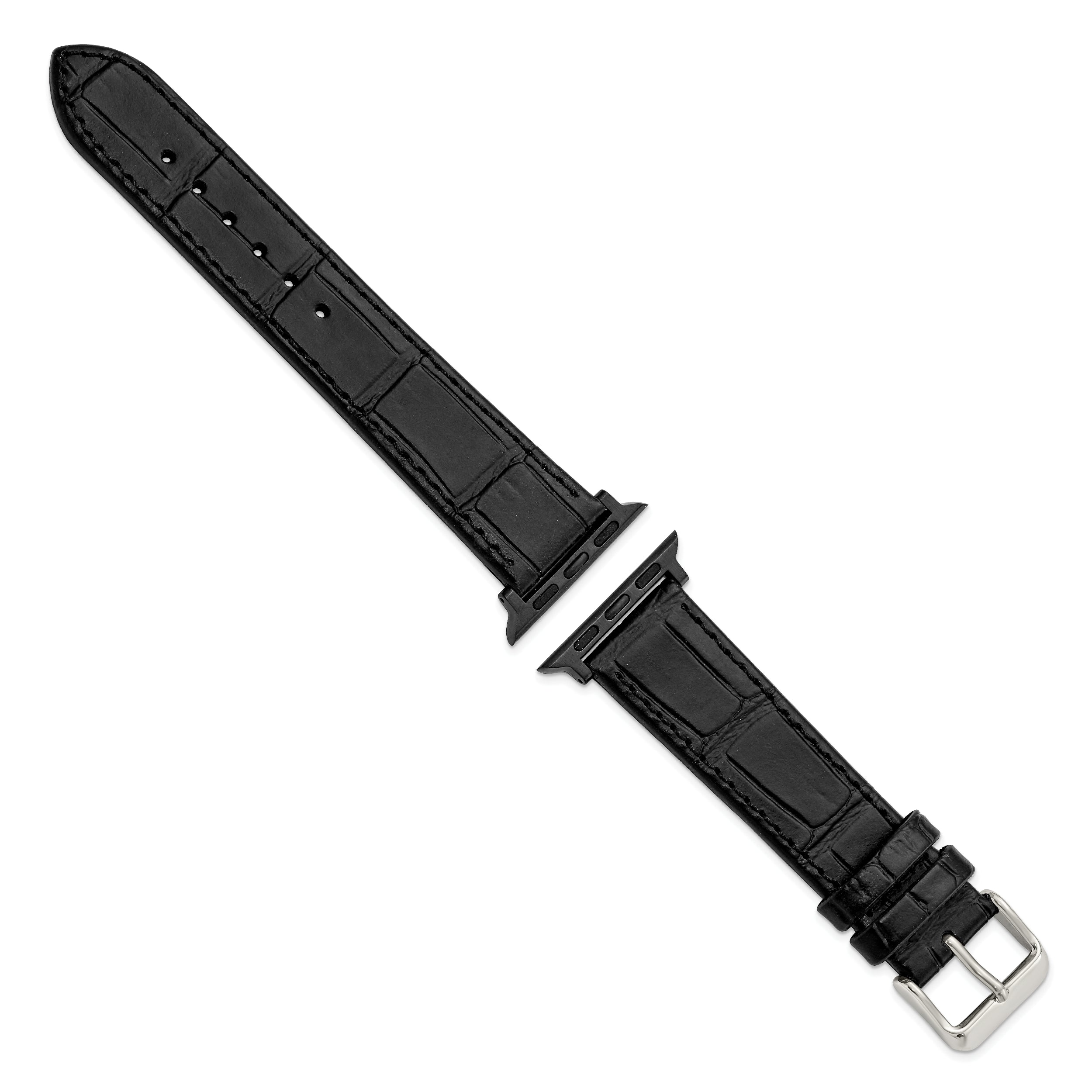 for Apple 38/40mm Smart Watch Black Gator Grain Calfskin Leather with Black Adapters and Stainless Steel Buckle 7.5 inch Watch Band