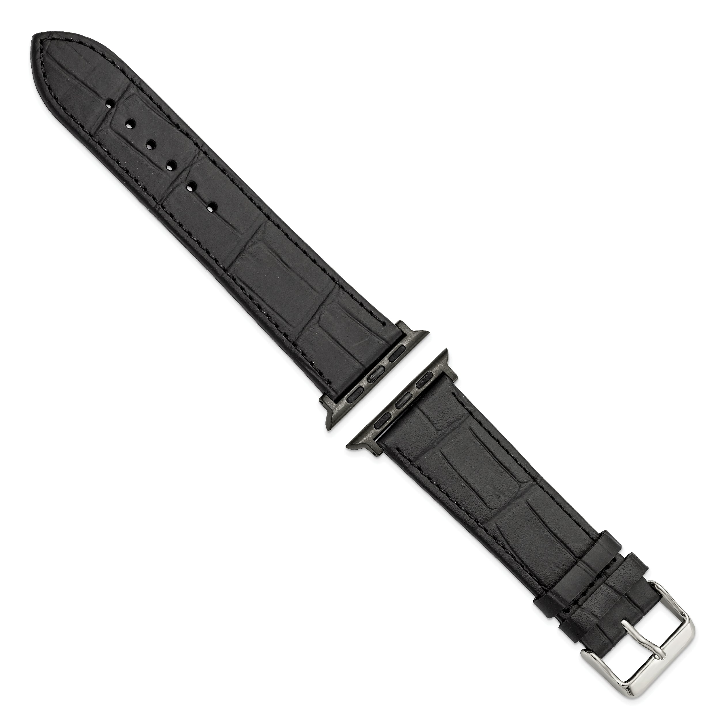for Apple 42/44mm Smart Watch Black Gator Grain Calfskin Leather with Black Adapters and Stainless Steel Buckle 7.5 inch