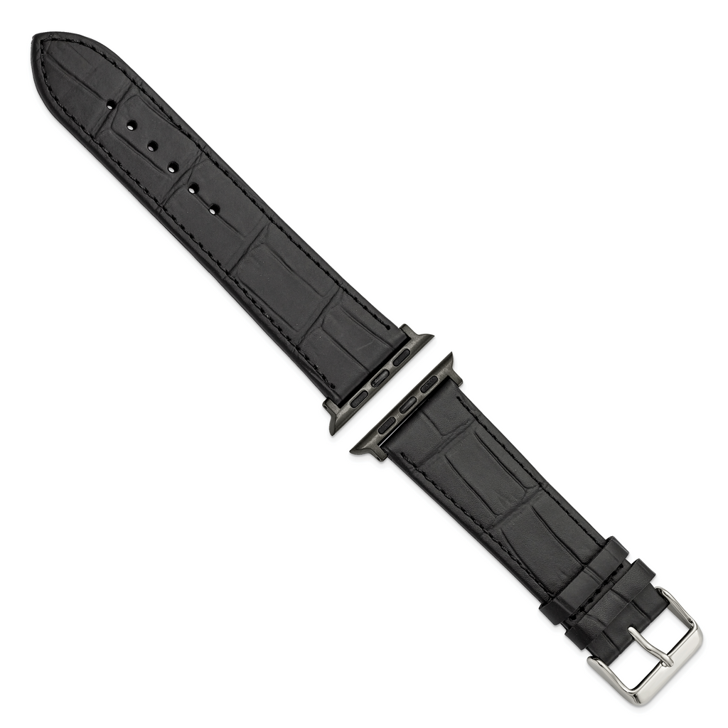for Apple 42/44mm Smart Watch Black Gator Grain Calfskin Leather with Black Adapters and Stainless Steel Buckle 7.5 inch